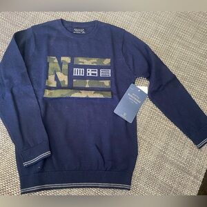 NWT Spanish Nukutavake Boy’s Sz 8 Navy & Camo Logo Cotton/ Wool Sweater
